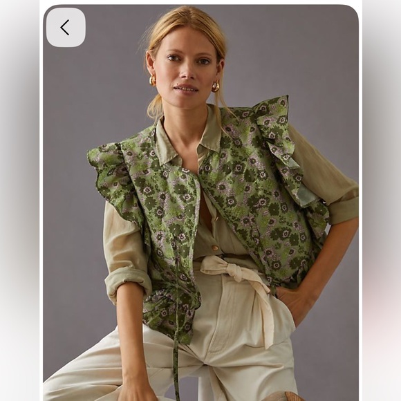 Anthropologie Tops - Anthropologie NWT Green Floral Quilted Ruffle Vest Tie Detail OS One Size NEW